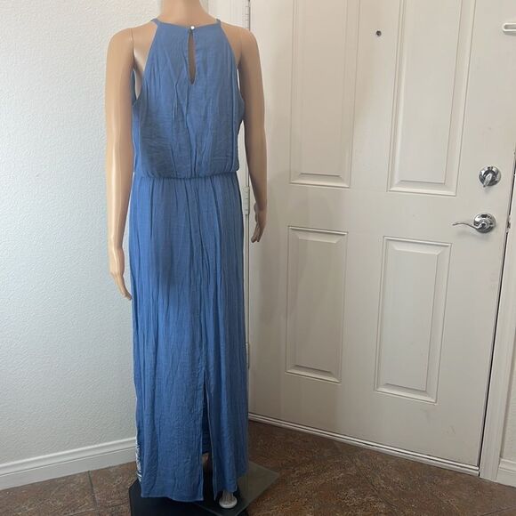 AUW Dress Sz Medium Blue Spaghetti Straps Sleeveless Crotchet Floral Summer Maxi - Picture 6 of 13